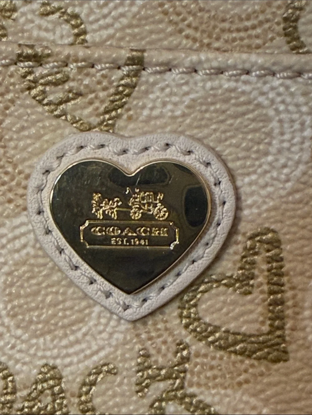 Coach Pink Beige Heart Zip Card Case with Gold Accent
